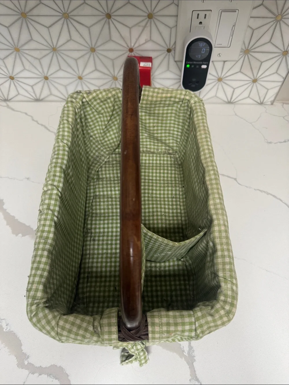 Dark Brown Wicker Basket with Green Gingham Liner